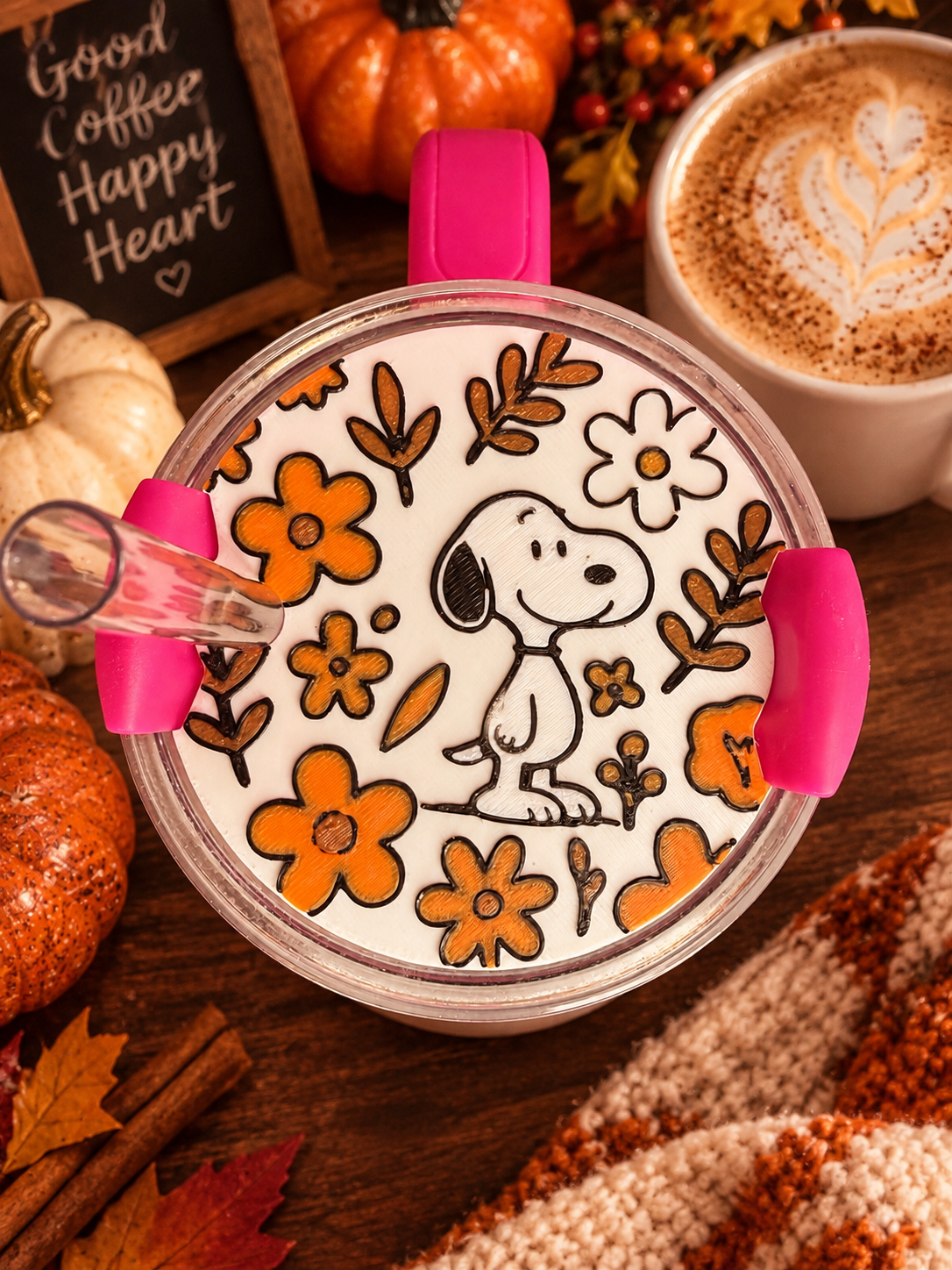 Fall Snoopy 40 oz Stanley compatible Topper | Autumn Floral Tumbler Topper