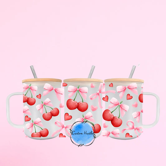 Cherry coquette frosted glass can mug