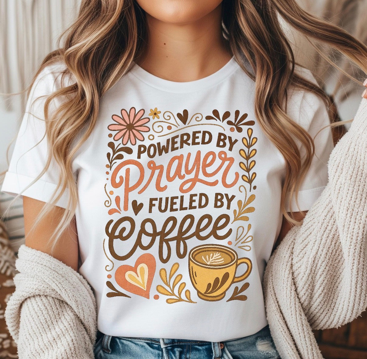 Powered by prayer fueled by coffee t-shirt