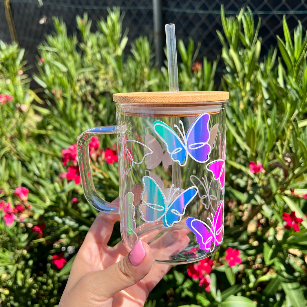 Glow in the dark butterfly glass can mug