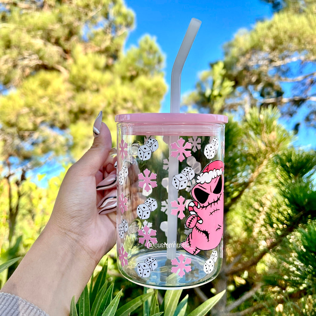 Pink Oogie Christmas glass can mug