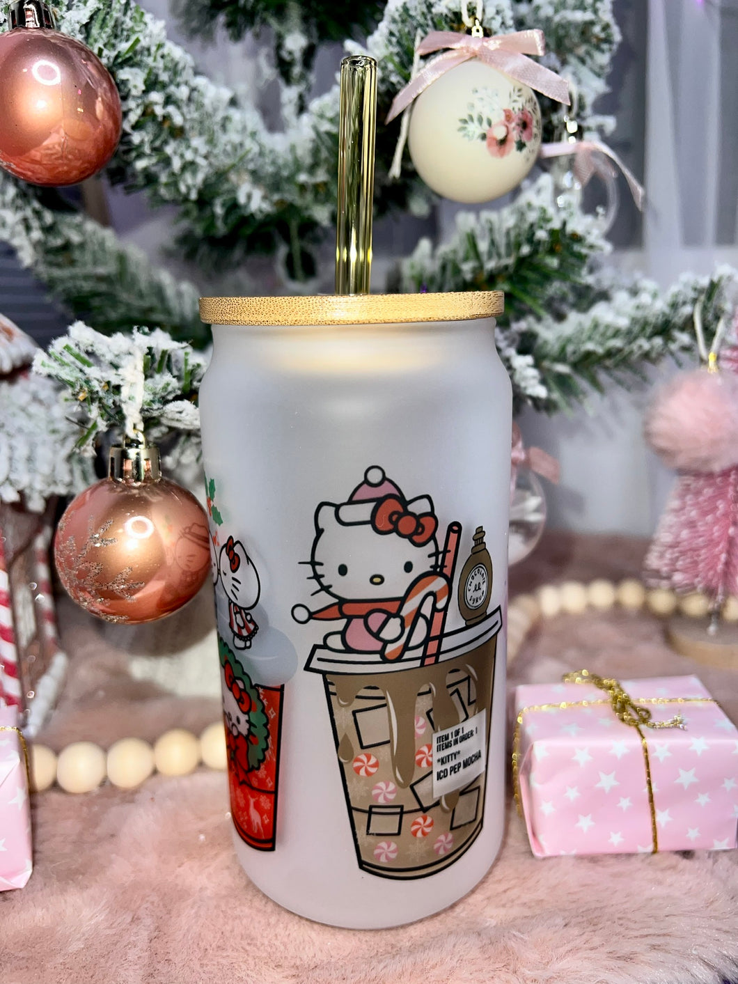 Kitty Lattes Christmas Glass Can