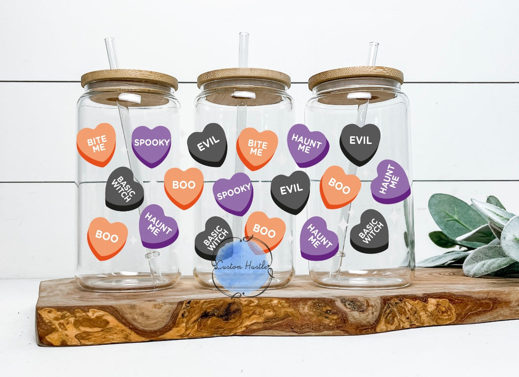 Spooky Conversation Hearts Glass Can Wrap