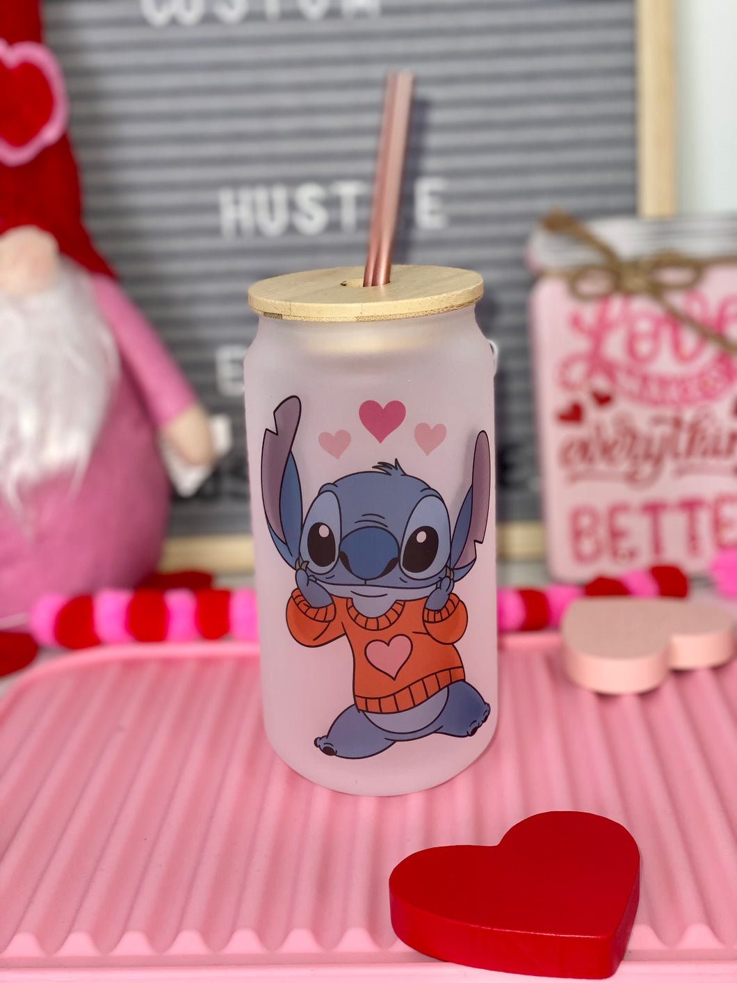 Stitch Valentines frosted glass can